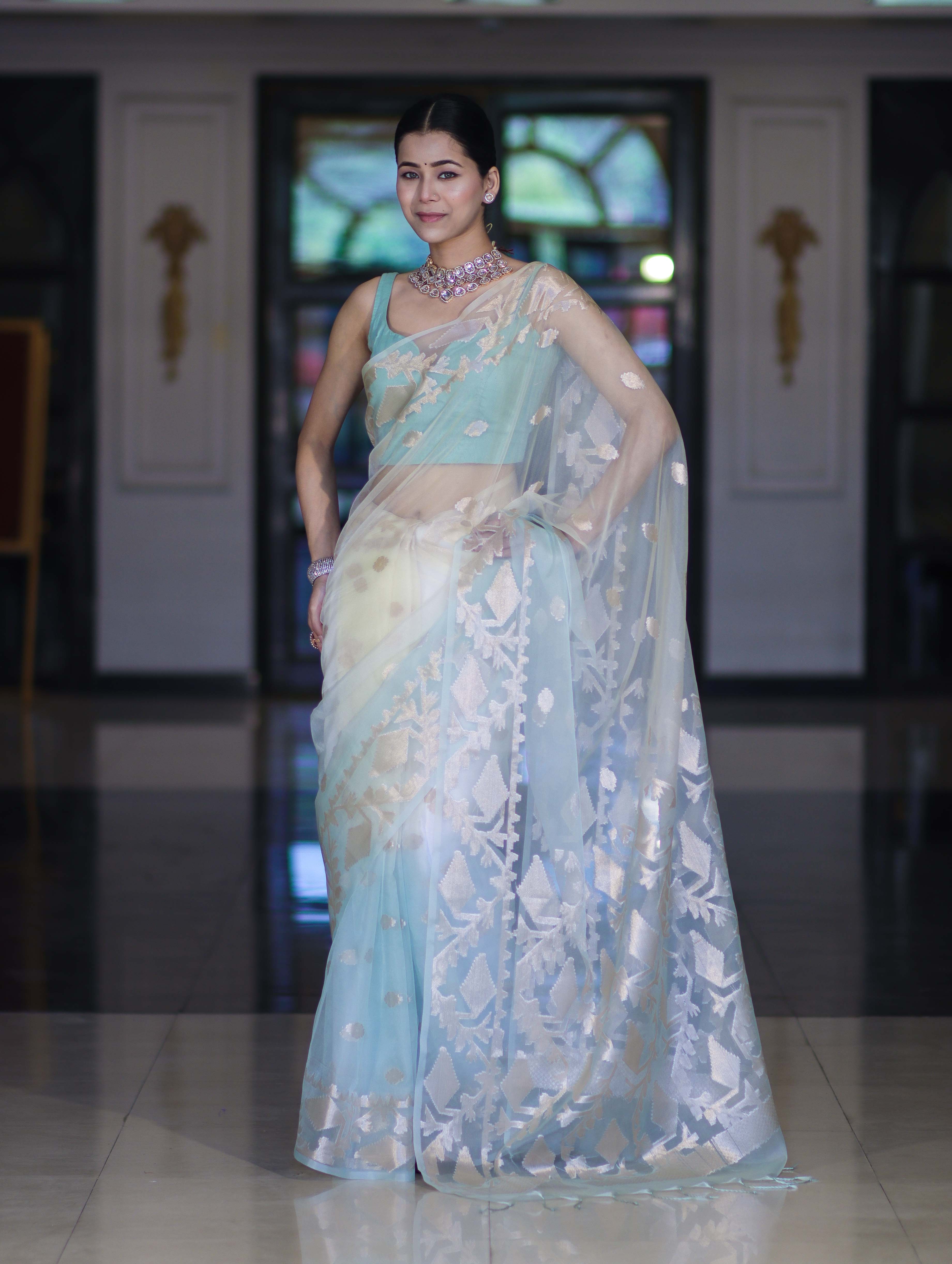 Banarasee Dual Color Organza Mix Saree With Zari Work-Mint Green & Light Yellow