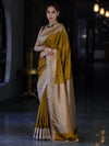 Banarasee Handloom Mashru Silk Saree With Buti Design Zari Border & Lace-Mustard Yellow