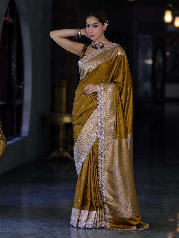 Banarasee Handloom Mashru Silk Saree With Buti Design Zari Border & Lace-Mustard Yellow