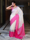 Banarasee Handloom Pure Linen Shine Saree-White & Light Pink