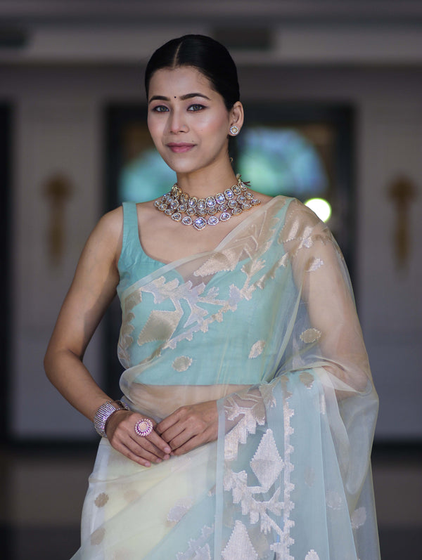 Banarasee Dual Color Organza Mix Saree With Zari Work-Mint Green & Light Yellow