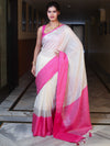 Banarasee Handloom Pure Linen Shine Saree-White & Light Pink