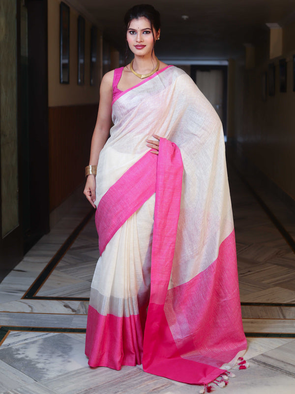 Banarasee Handloom Pure Linen Shine Saree-White & Light Pink