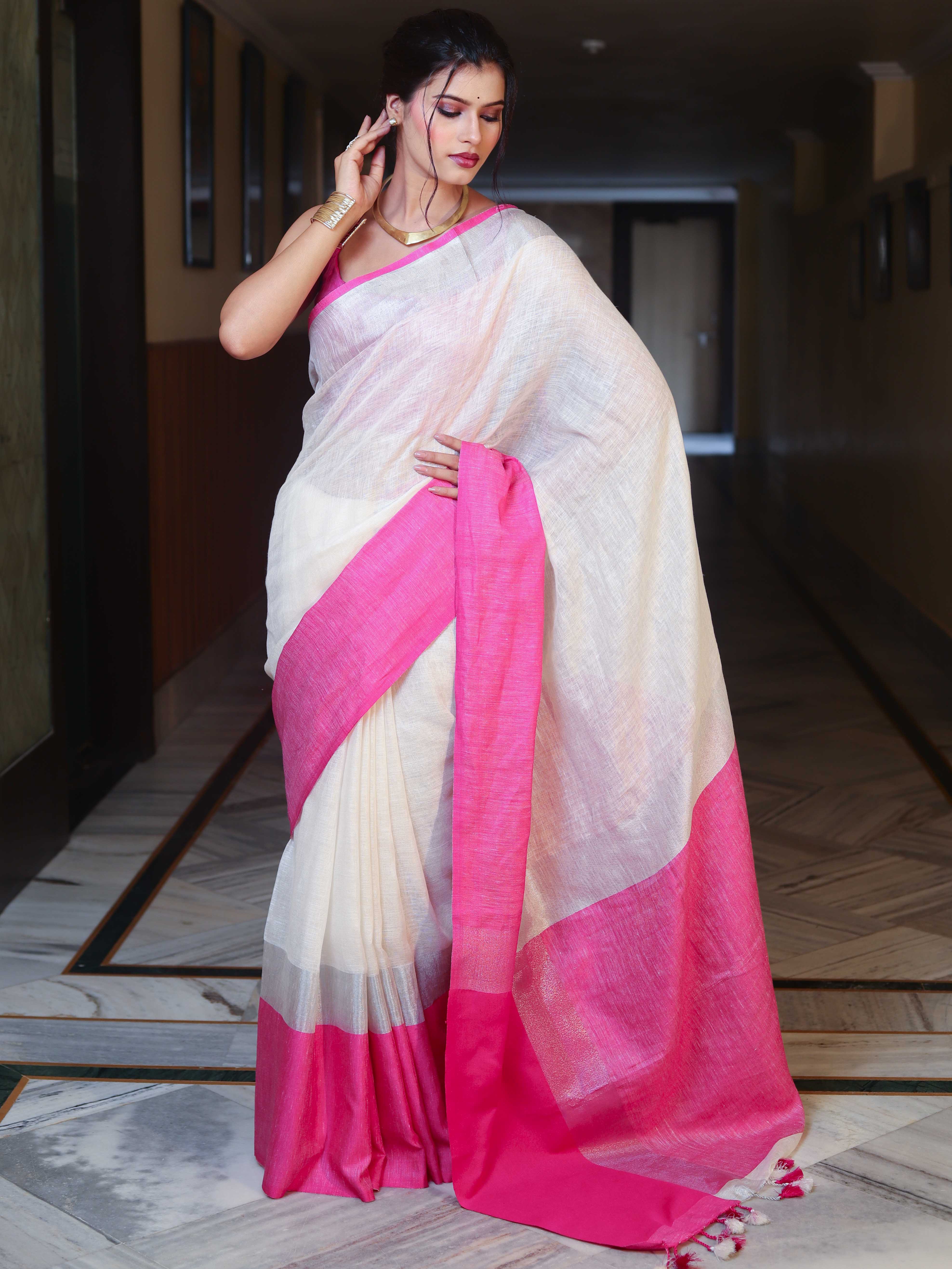 Banarasee Handloom Pure Linen Shine Saree-White & Light Pink