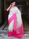 Banarasee Handloom Pure Linen Shine Saree-White & Light Pink