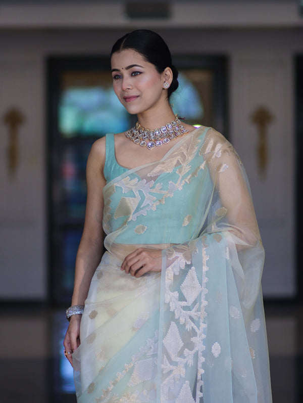 Banarasee Dual Color Organza Mix Saree With Zari Work-Mint Green & Light Yellow