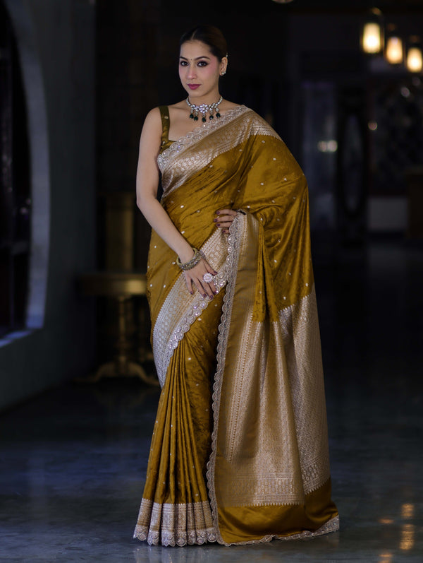 Banarasee Handloom Mashru Silk Saree With Buti Design Zari Border & Lace-Mustard Yellow