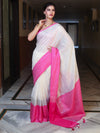 Banarasee Handloom Pure Linen Shine Saree-White & Light Pink