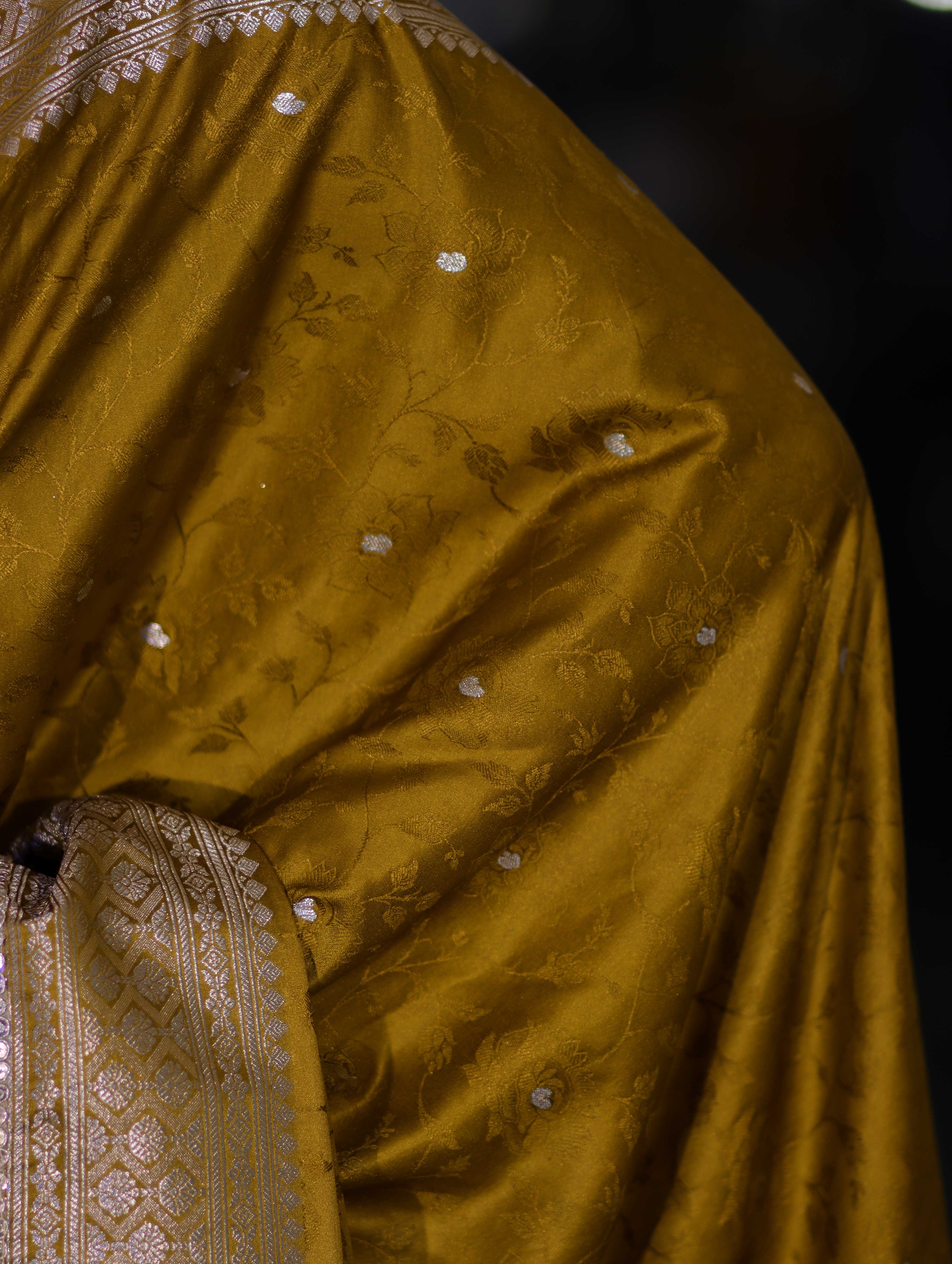 Banarasee Handloom Mashru Silk Saree With Buti Design Zari Border & Lace-Mustard Yellow