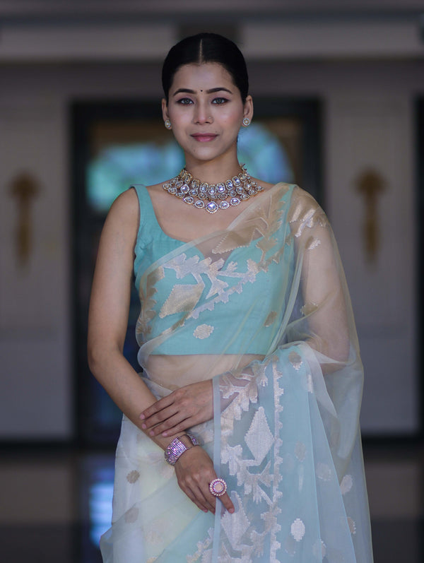 Banarasee Dual Color Organza Mix Saree With Zari Work-Mint Green & Light Yellow