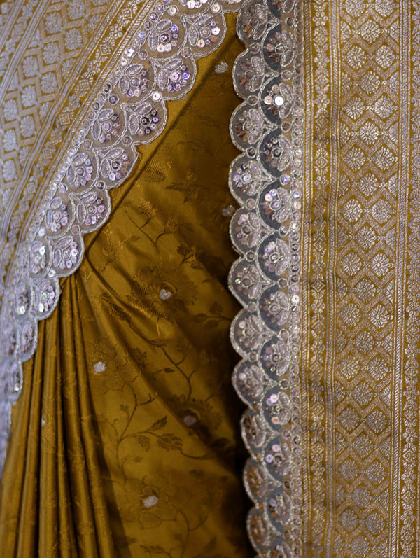 Banarasee Handloom Mashru Silk Saree With Buti Design Zari Border & Lace-Mustard Yellow