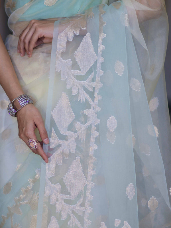 Banarasee Dual Color Organza Mix Saree With Zari Work-Mint Green & Light Yellow