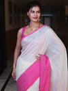 Banarasee Handloom Pure Linen Shine Saree-White & Light Pink