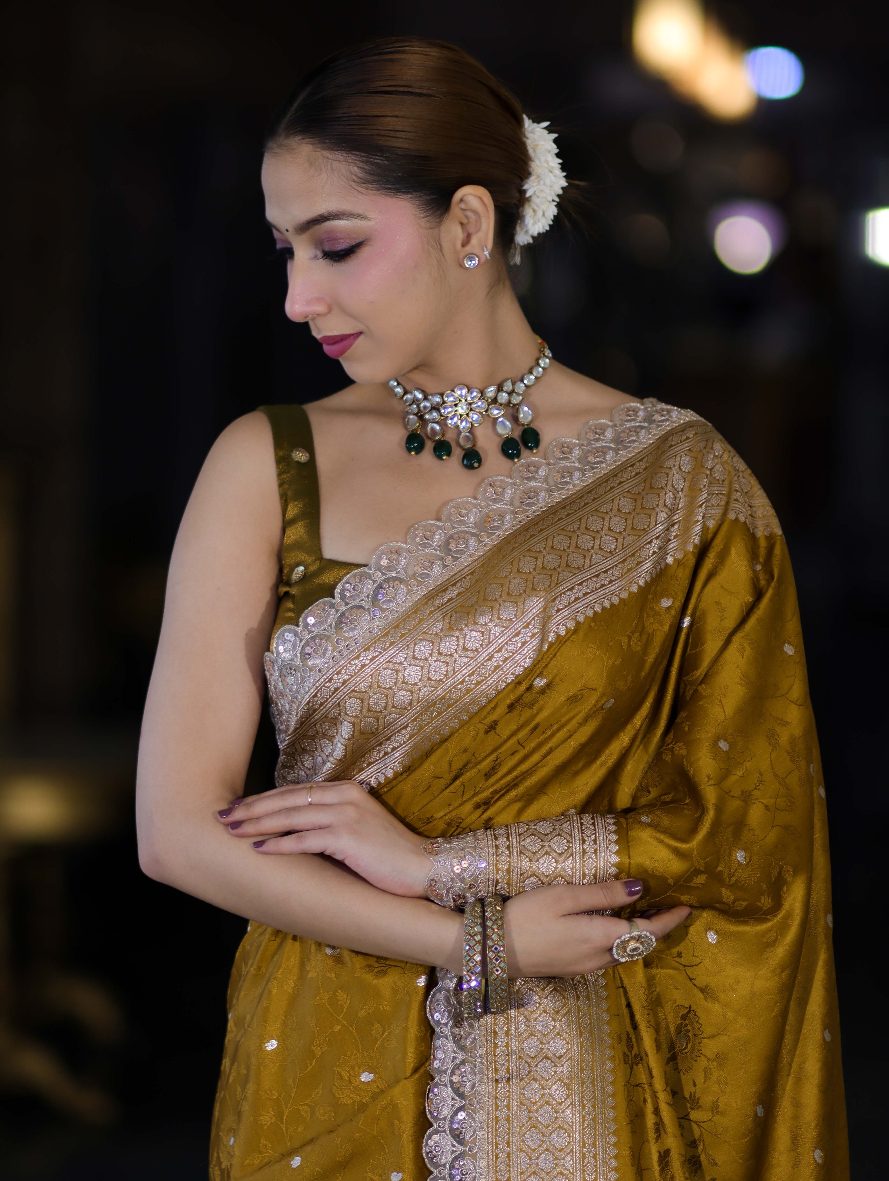 Banarasee Handloom Mashru Silk Saree With Buti Design Zari Border & Lace-Mustard Yellow