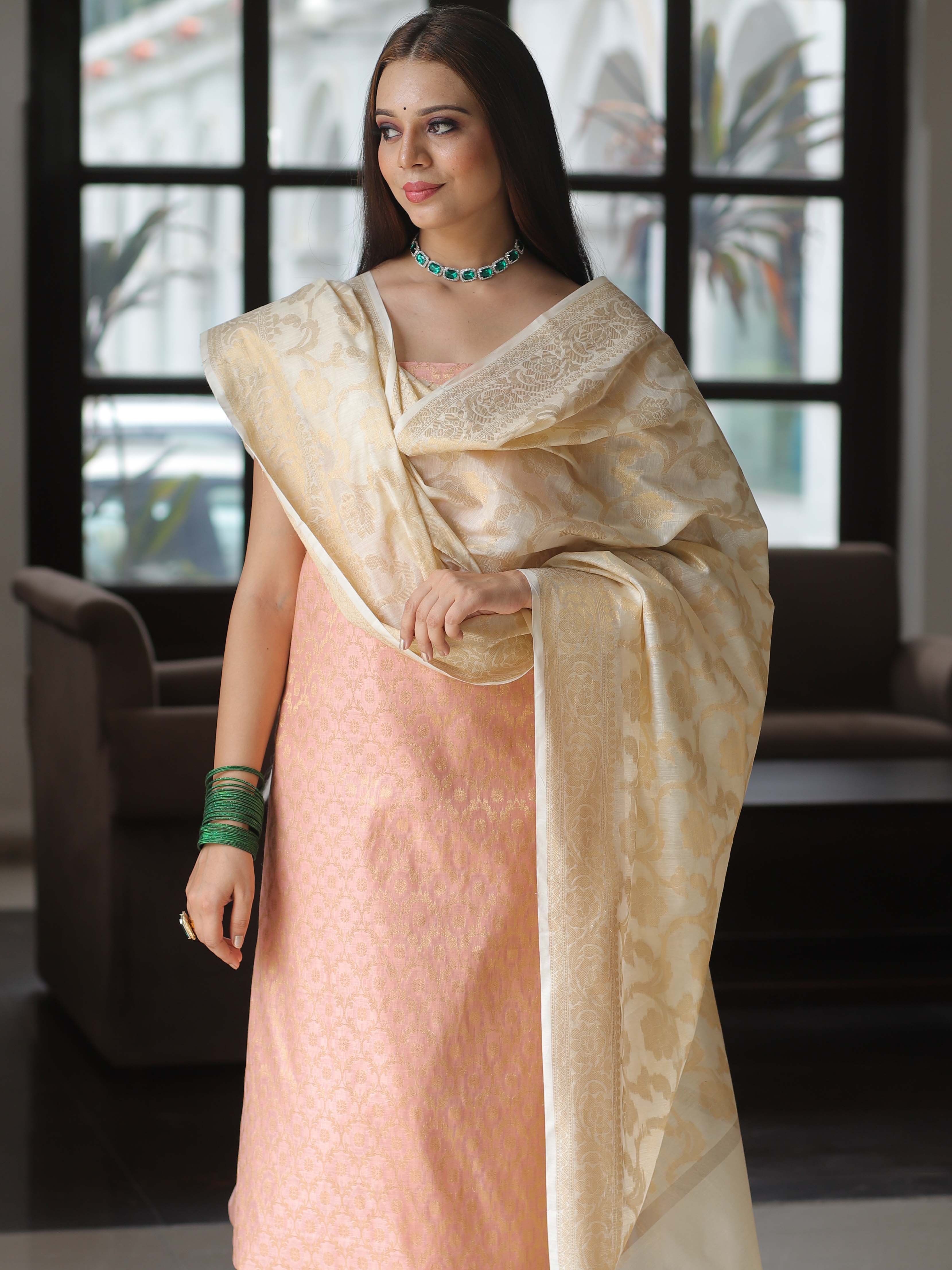 Banarasee Chanderi Cotton Salwar Kameez Fabric With Antique Zari & Contrast Dupatta-Pink & White