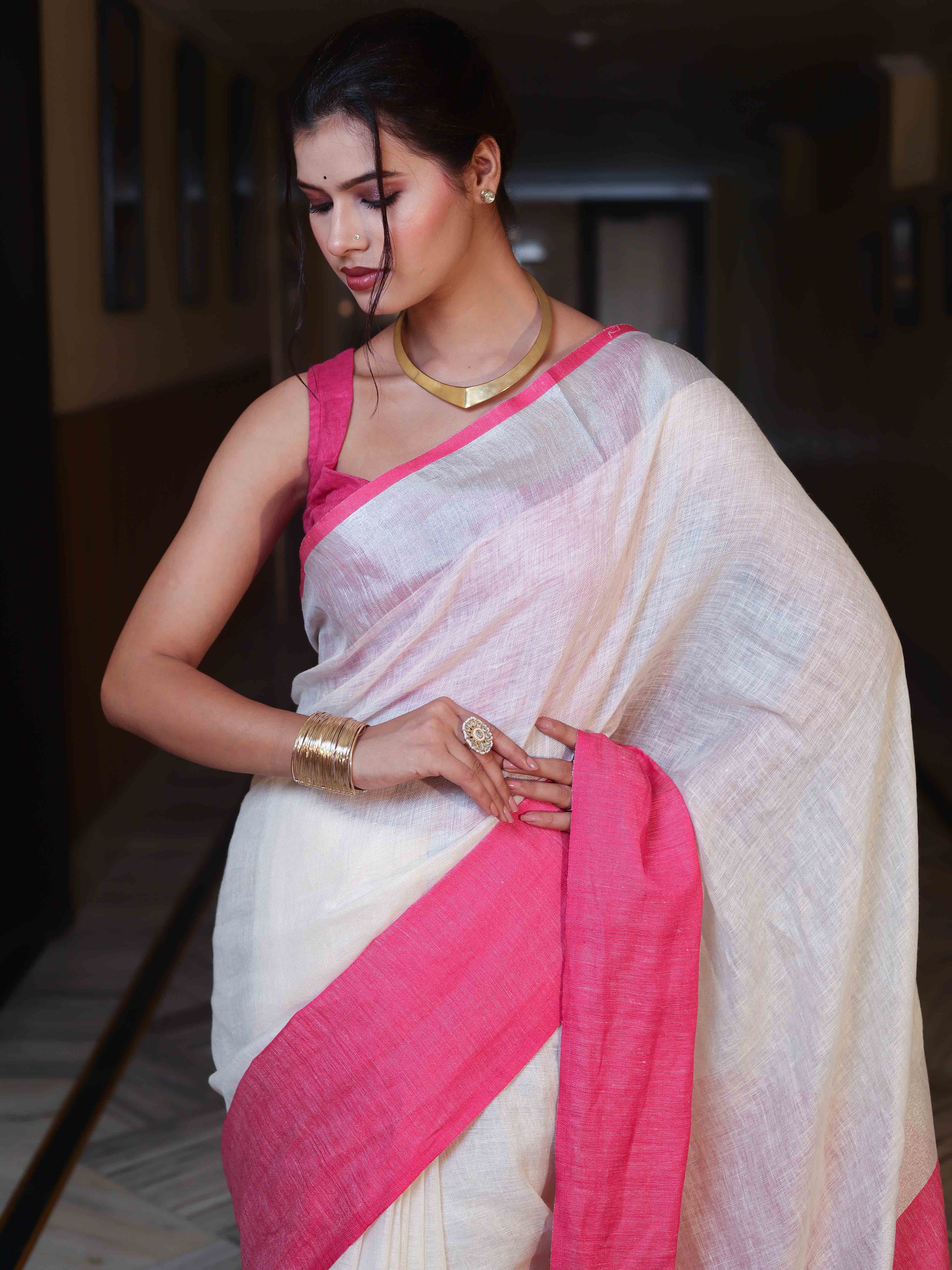 Banarasee Handloom Pure Linen Shine Saree-White & Light Pink
