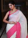 Banarasee Handloom Pure Linen Shine Saree-White & Light Pink