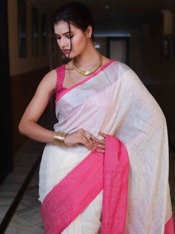 Banarasee Handloom Pure Linen Shine Saree-White & Light Pink