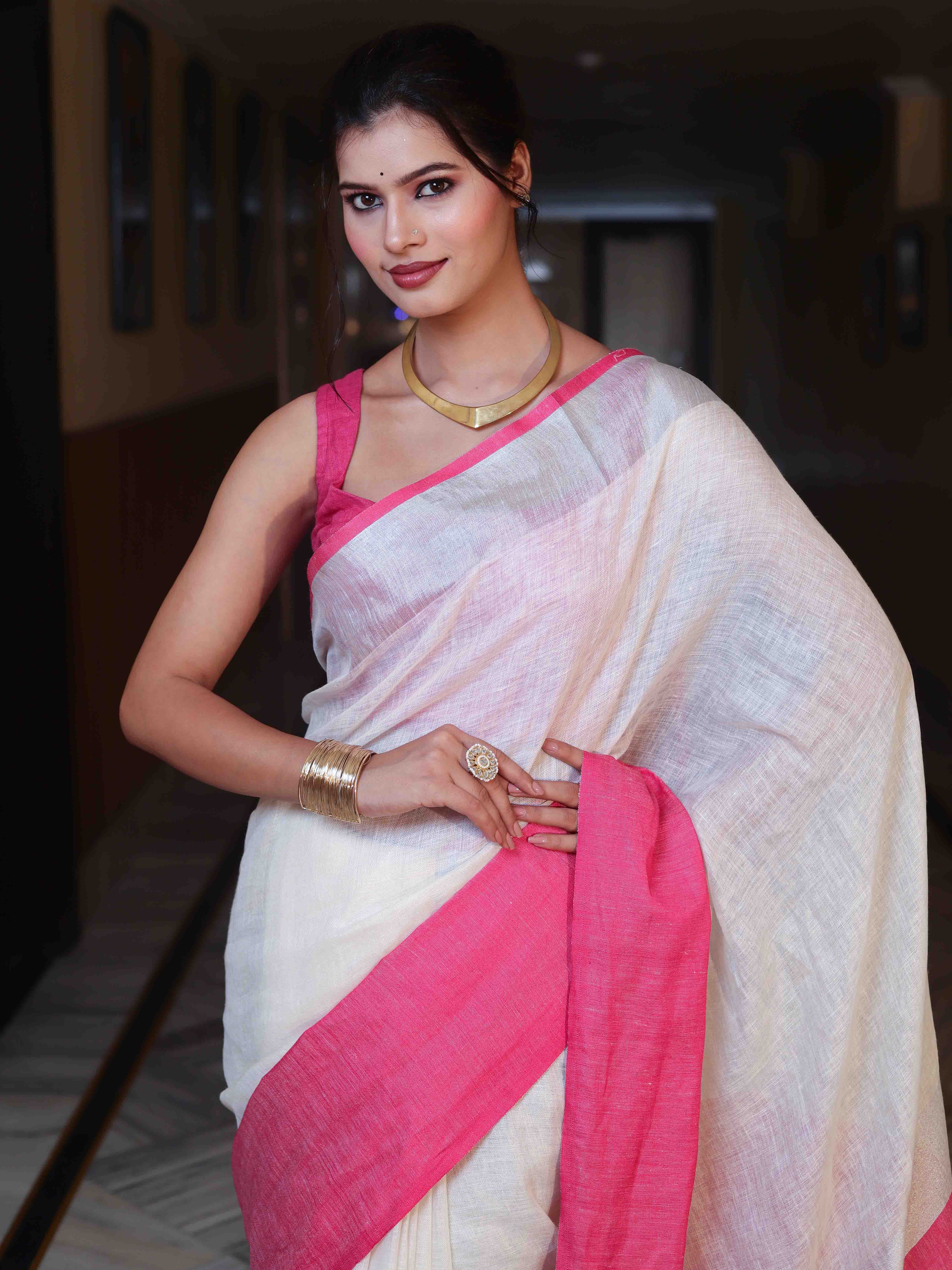 Banarasee Handloom Pure Linen Shine Saree-White & Light Pink