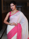 Banarasee Handloom Pure Linen Shine Saree-White & Light Pink