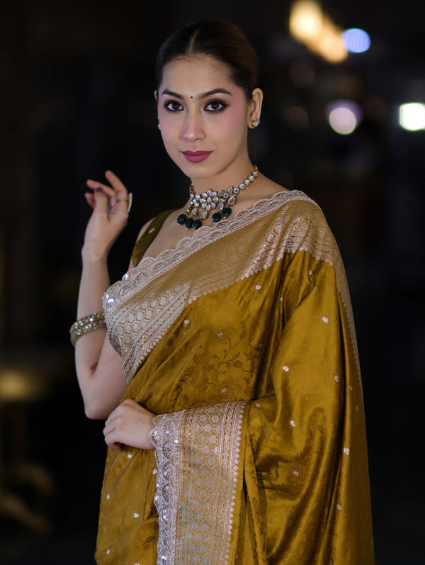 Banarasee Handloom Mashru Silk Saree With Buti Design Zari Border & Lace-Mustard Yellow