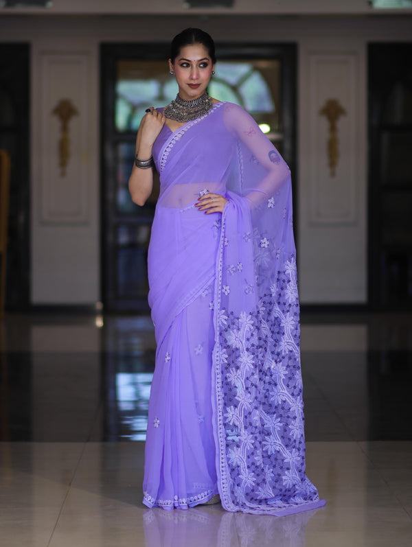 Banarasee Handwoven Georgette Saree With Chikankari Work-Lavender
