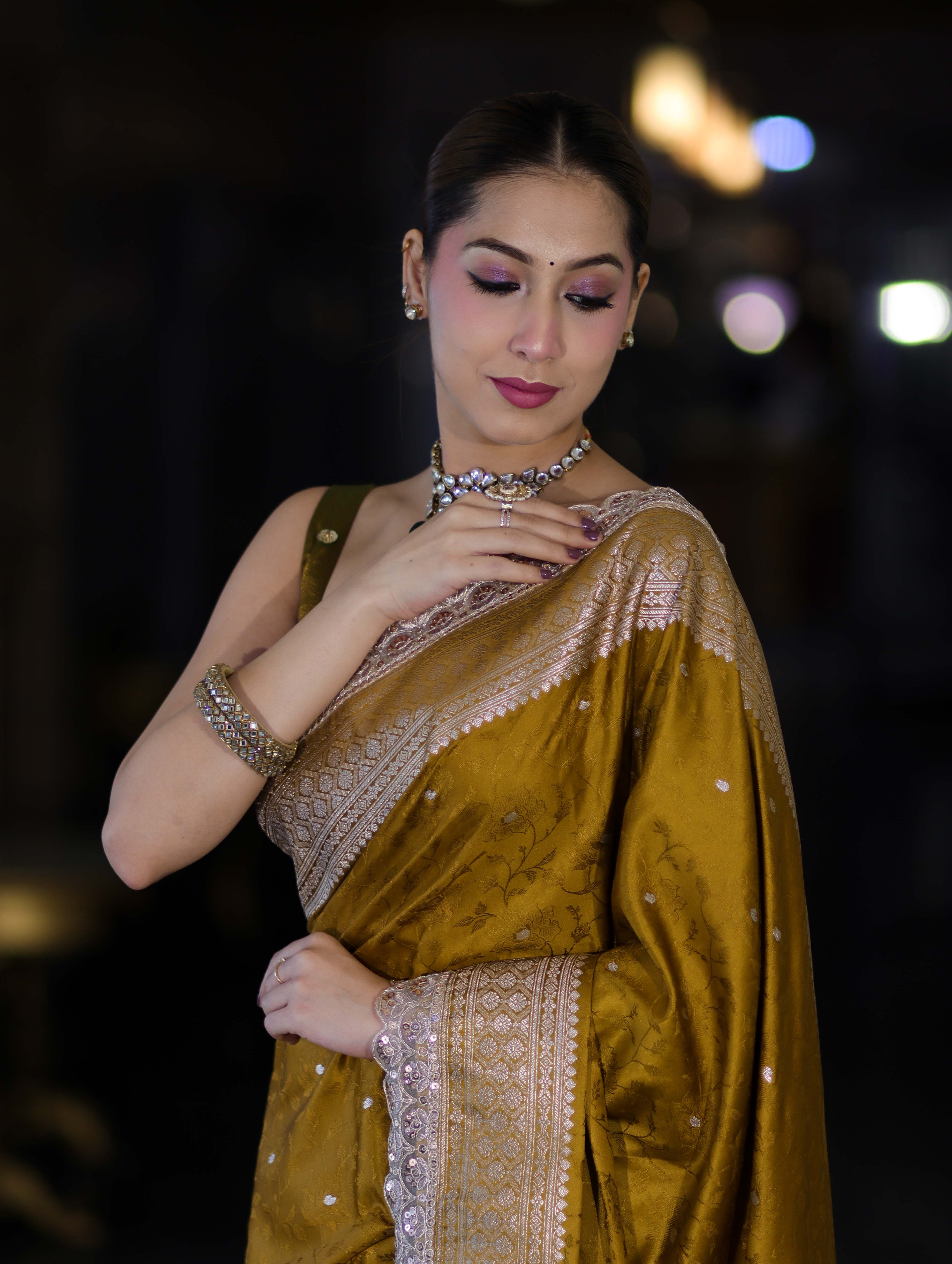 Banarasee Handloom Mashru Silk Saree With Buti Design Zari Border & Lace-Mustard Yellow