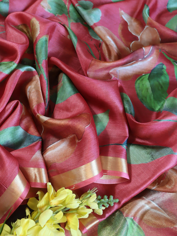Banarasee Tussar Silk Saree With Digital Print & Zari Border-Salmon Pink