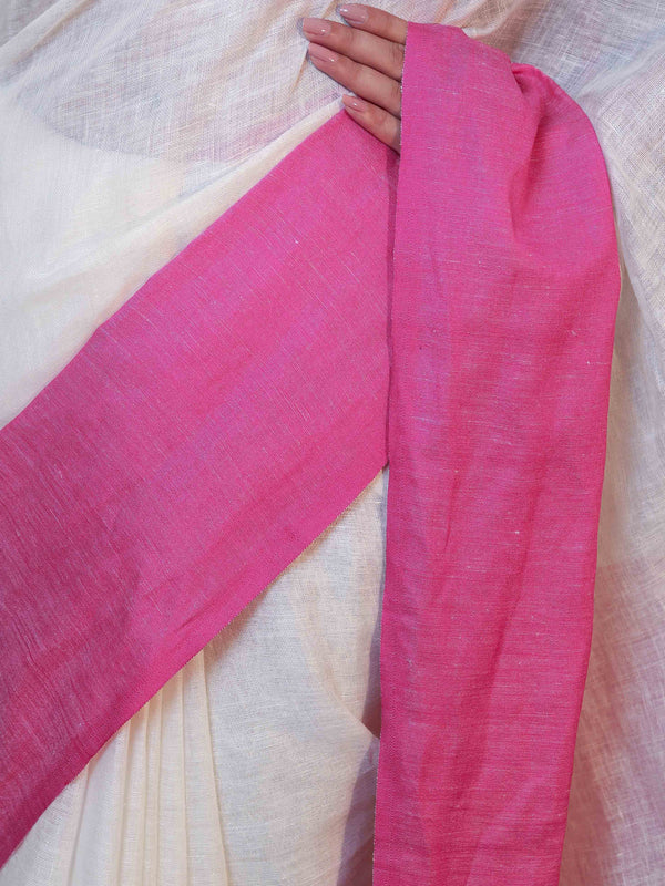 Banarasee Handloom Pure Linen Shine Saree-White & Light Pink