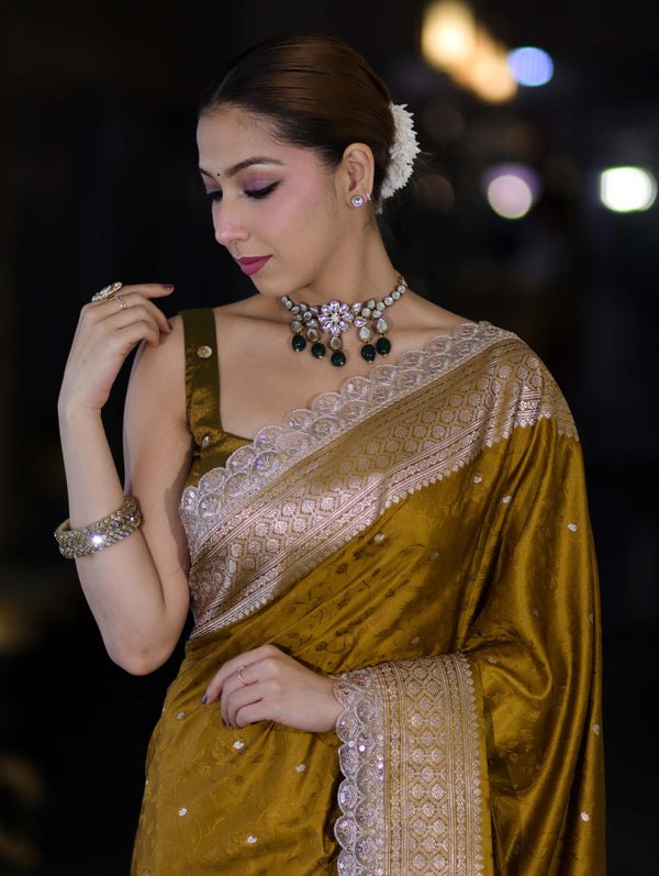 Banarasee Handloom Mashru Silk Saree With Buti Design Zari Border & Lace-Mustard Yellow