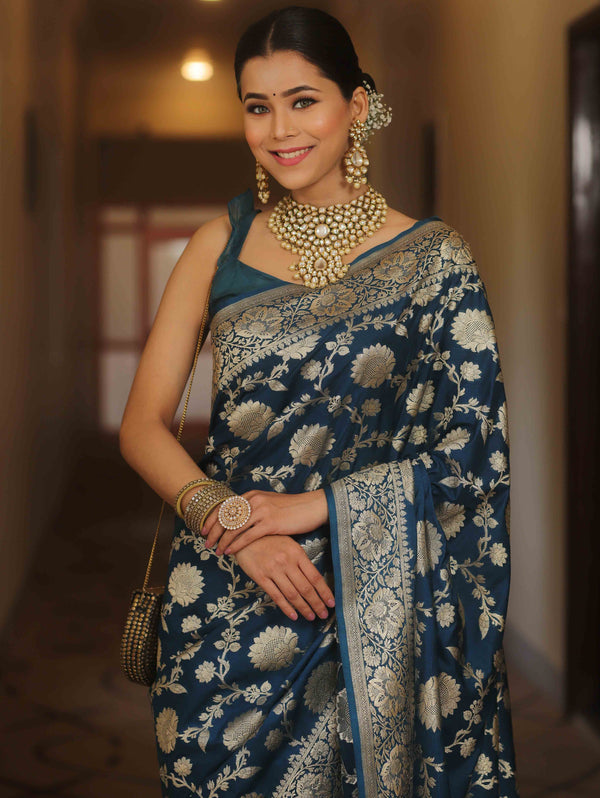 Banarasee Semi-Katan Zari Jaal Saree-Cobalt Blue
