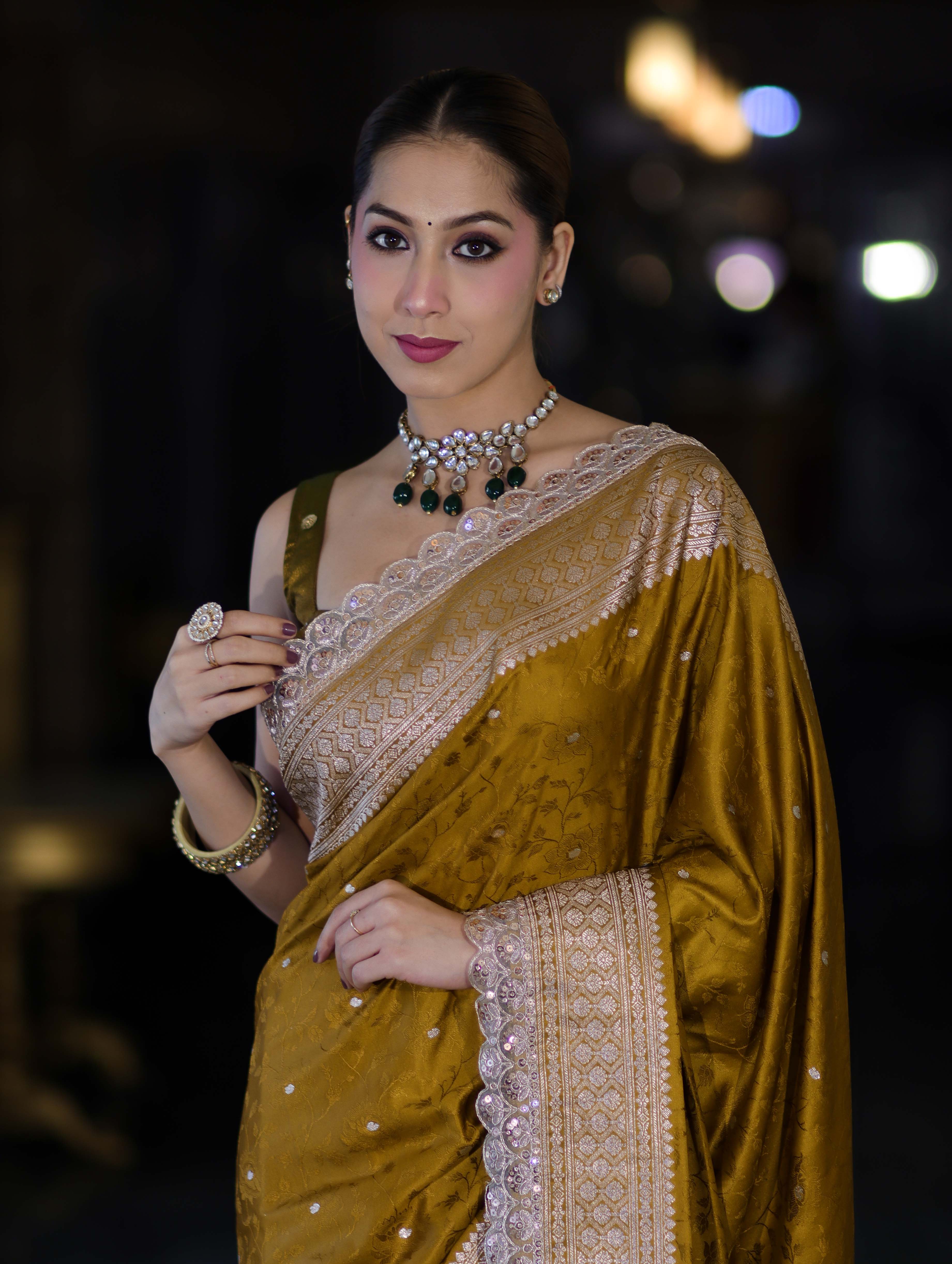 Banarasee Handloom Mashru Silk Saree With Buti Design Zari Border & Lace-Mustard Yellow