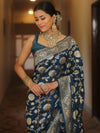 Banarasee Semi-Katan Zari Jaal Saree-Cobalt Blue