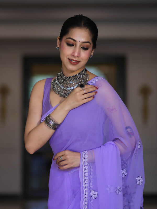Banarasee Handwoven Georgette Saree With Chikankari Work-Lavender