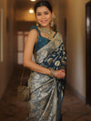 Banarasee Semi-Katan Zari Jaal Saree-Cobalt Blue