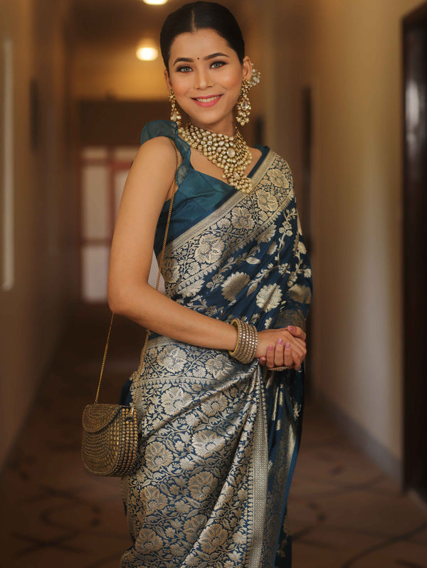 Banarasee Semi-Katan Zari Jaal Saree-Cobalt Blue