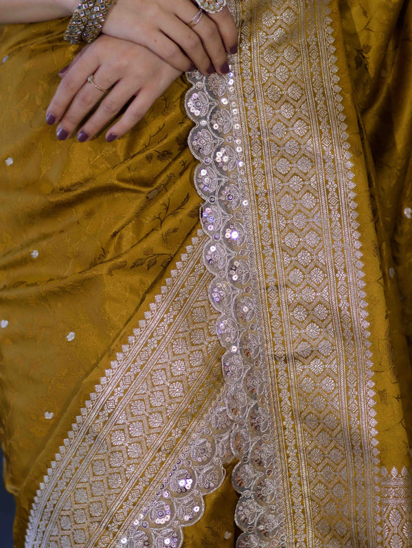 Banarasee Handloom Mashru Silk Saree With Buti Design Zari Border & Lace-Mustard Yellow