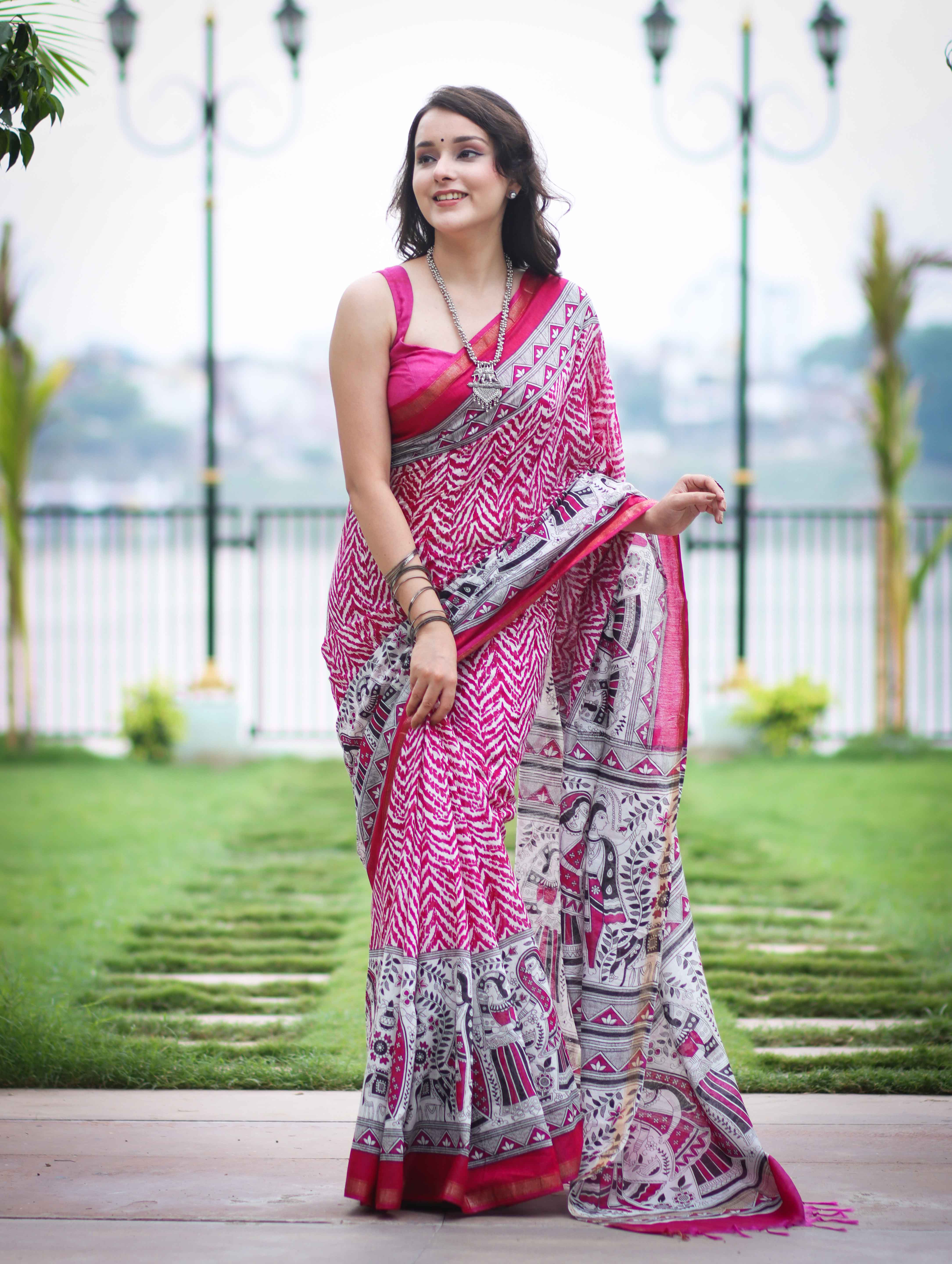 Bhagalpur Cotton Silk Ghichha Work Saree With Madhubani Print-Magenta