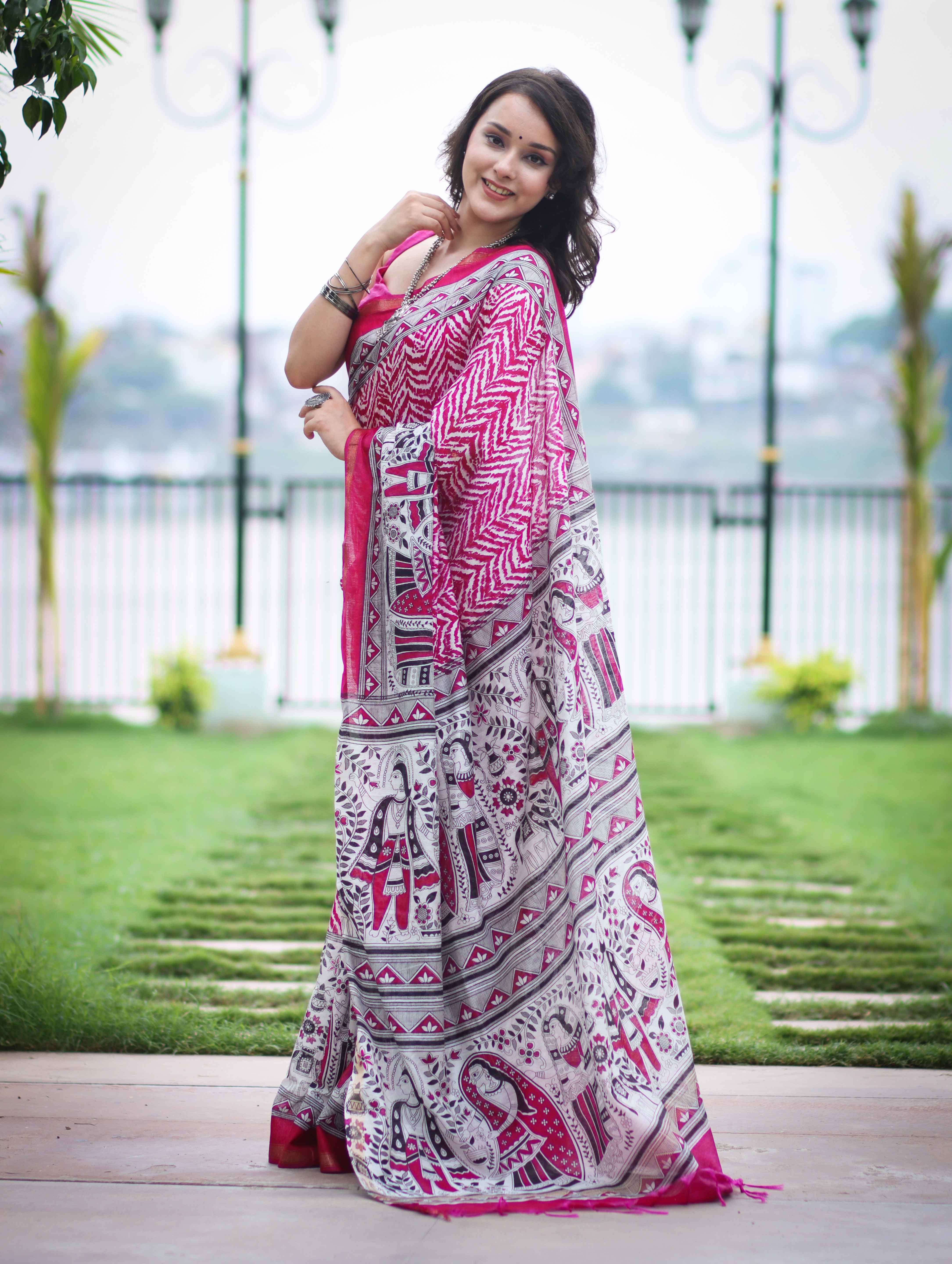 Bhagalpur Cotton Silk Ghichha Work Saree With Madhubani Print-Magenta