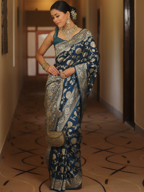 Banarasee Semi-Katan Zari Jaal Saree-Cobalt Blue