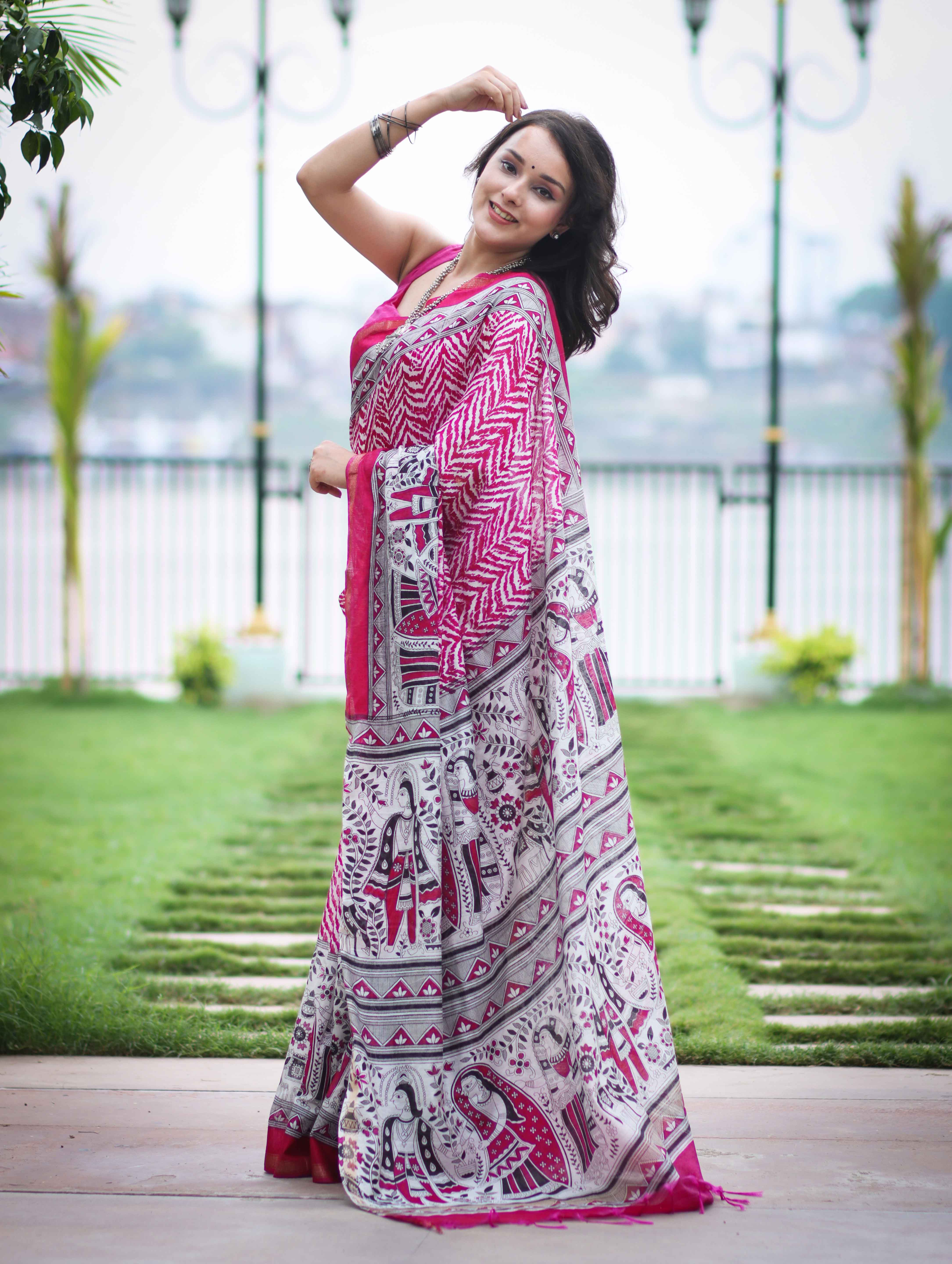 Bhagalpur Cotton Silk Ghichha Work Saree With Madhubani Print-Magenta