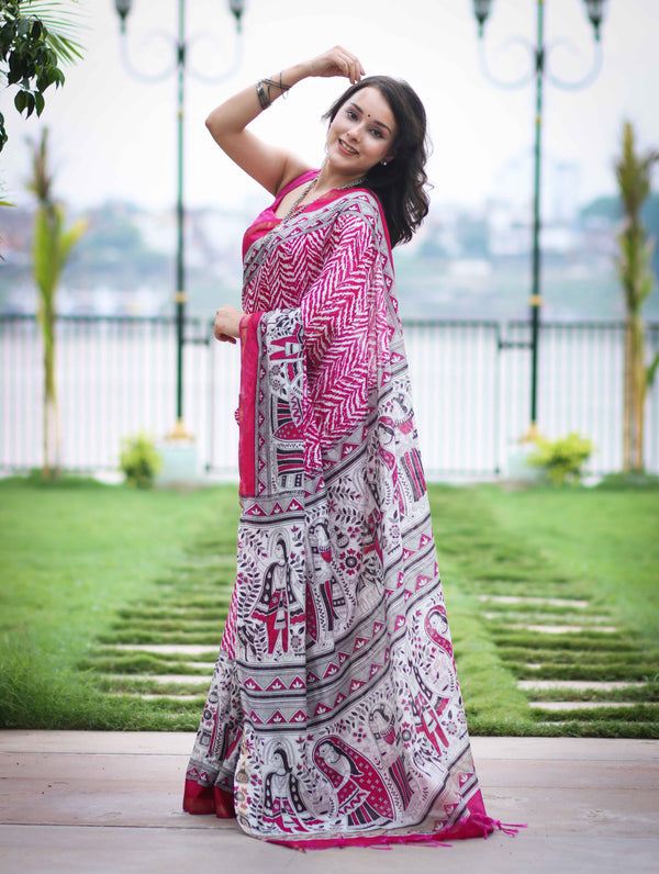 Bhagalpur Cotton Silk Ghichha Work Saree With Madhubani Print-Magenta