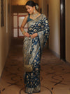 Banarasee Semi-Katan Zari Jaal Saree-Cobalt Blue