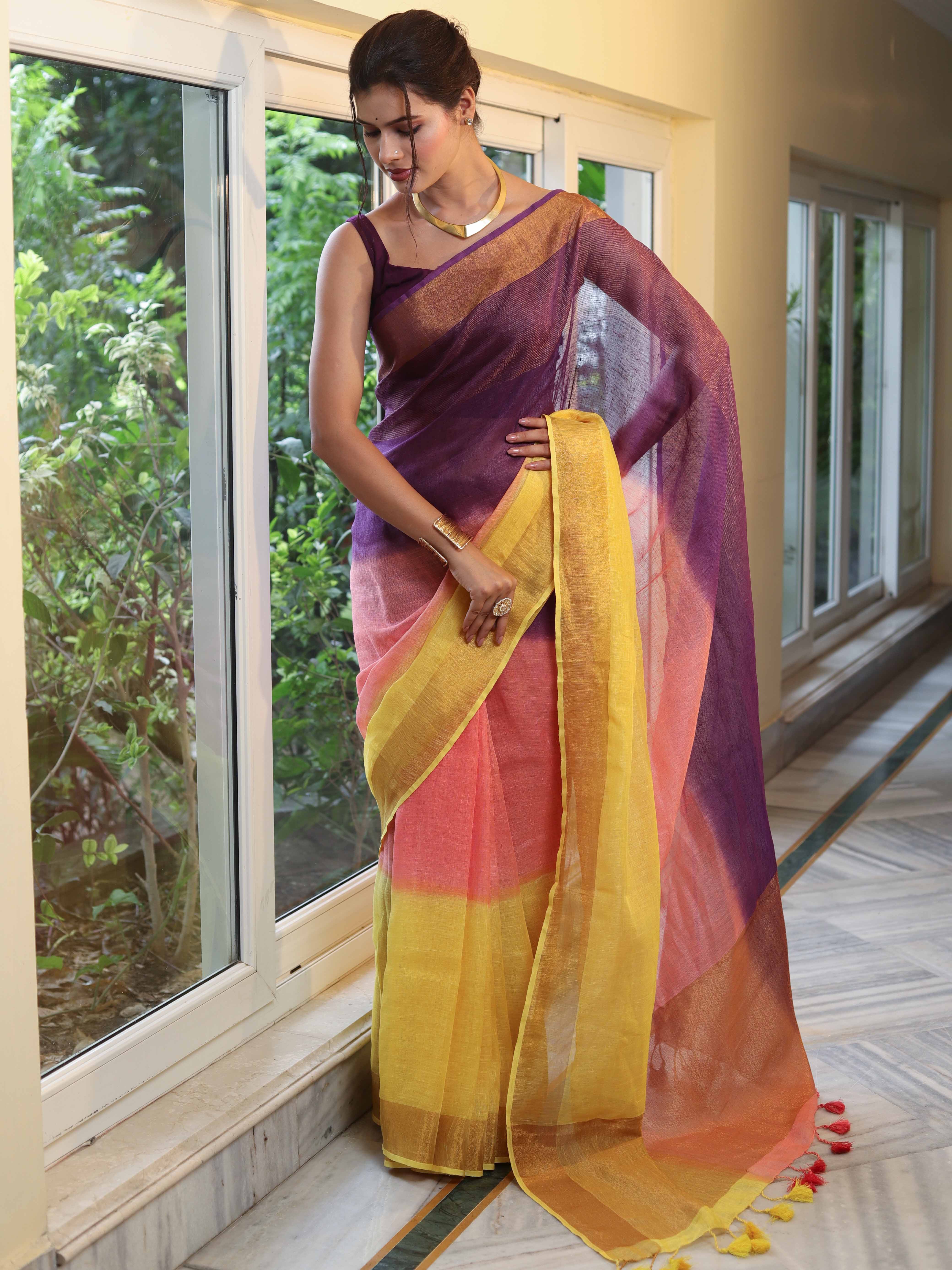 Banarasee Handloom Pure Linen Shine Saree-Multicolor