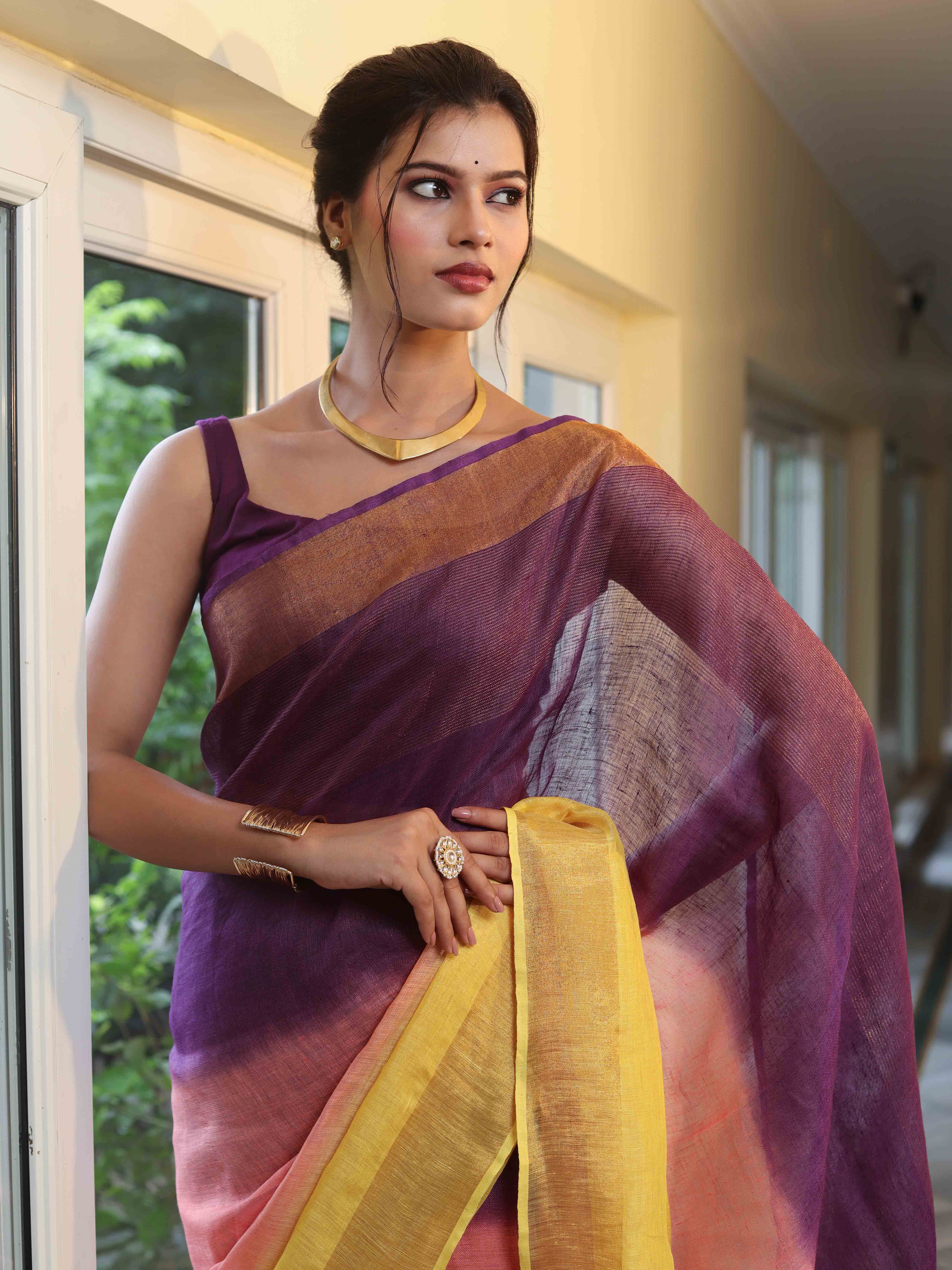 Banarasee Handloom Pure Linen Shine Saree-Multicolor