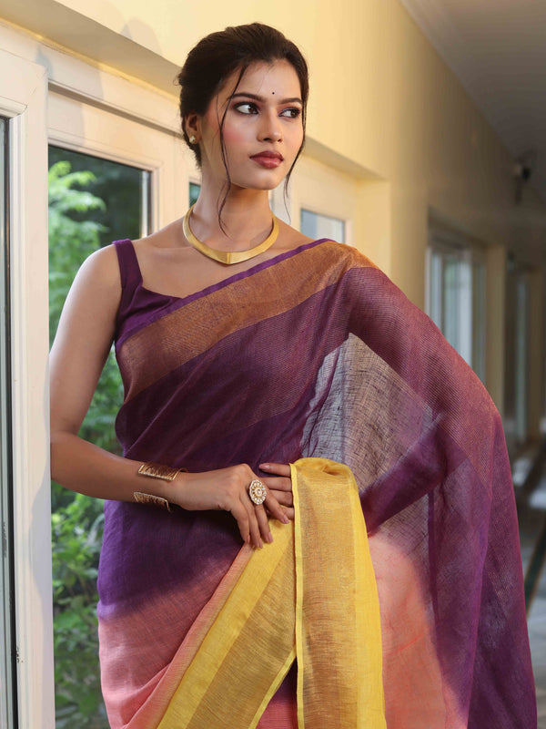 Banarasee Handloom Pure Linen Shine Saree-Multicolor