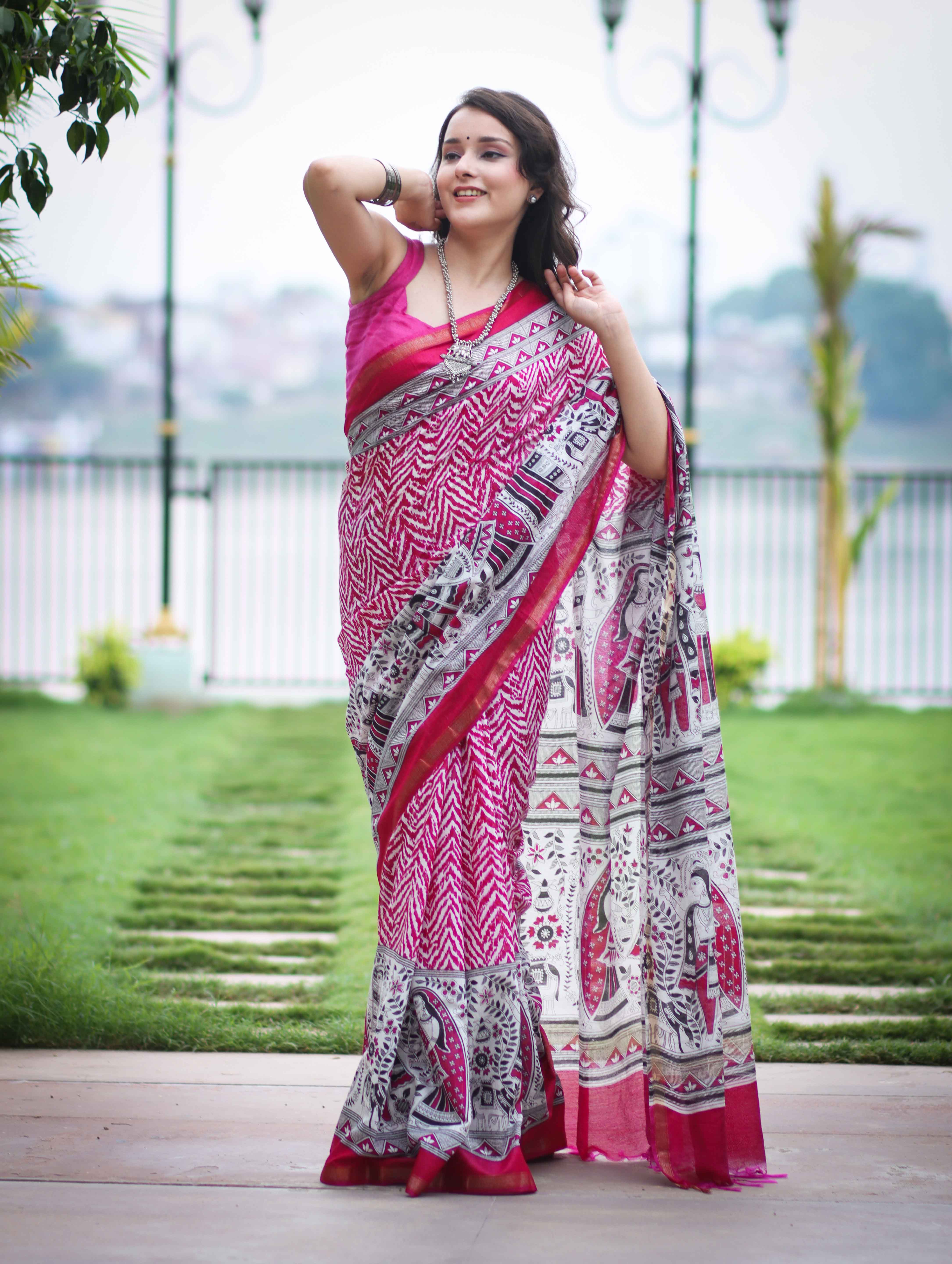Bhagalpur Cotton Silk Ghichha Work Saree With Madhubani Print-Magenta
