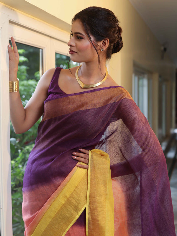Banarasee Handloom Pure Linen Shine Saree-Multicolor