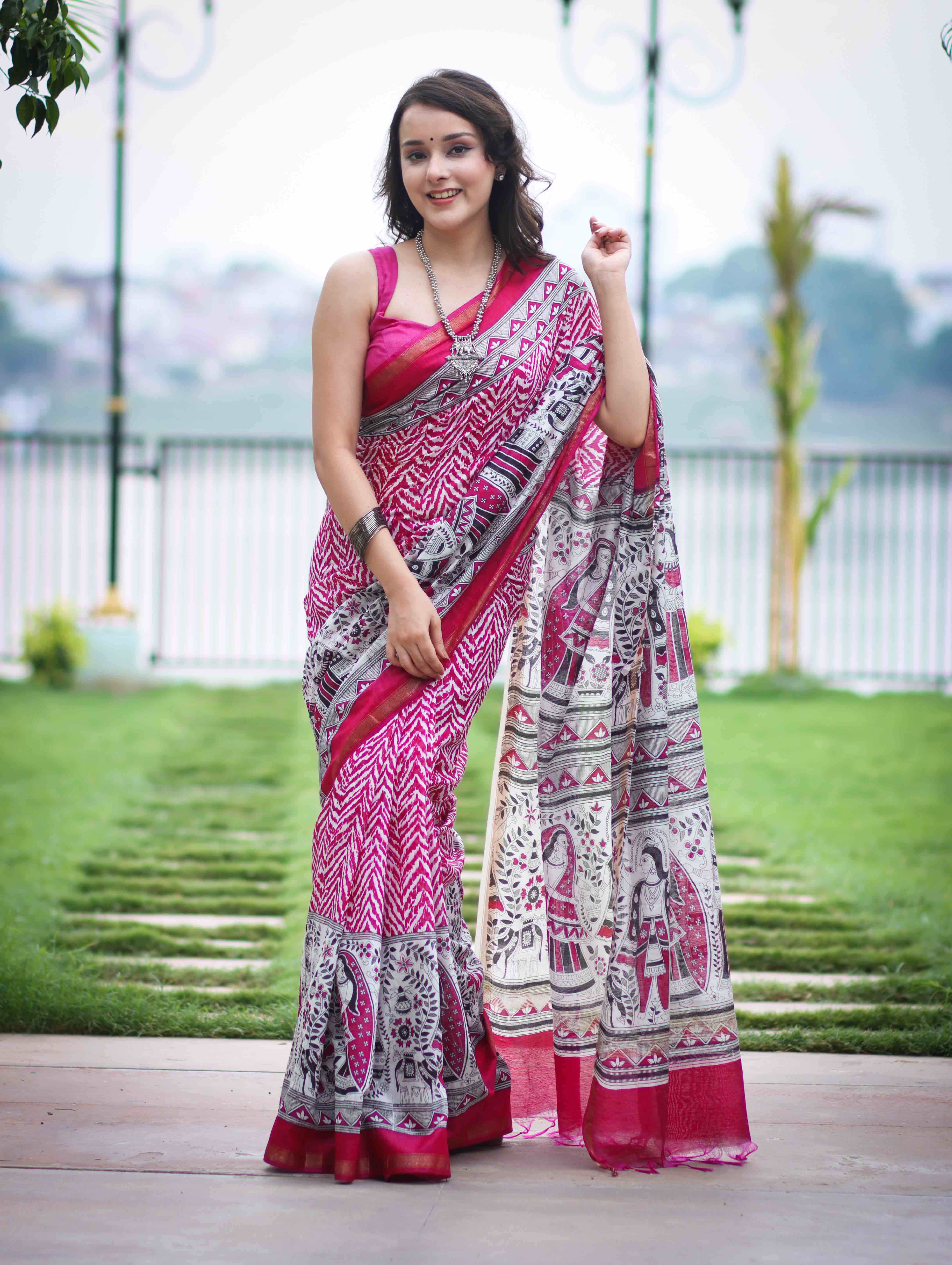Bhagalpur Cotton Silk Ghichha Work Saree With Madhubani Print-Magenta