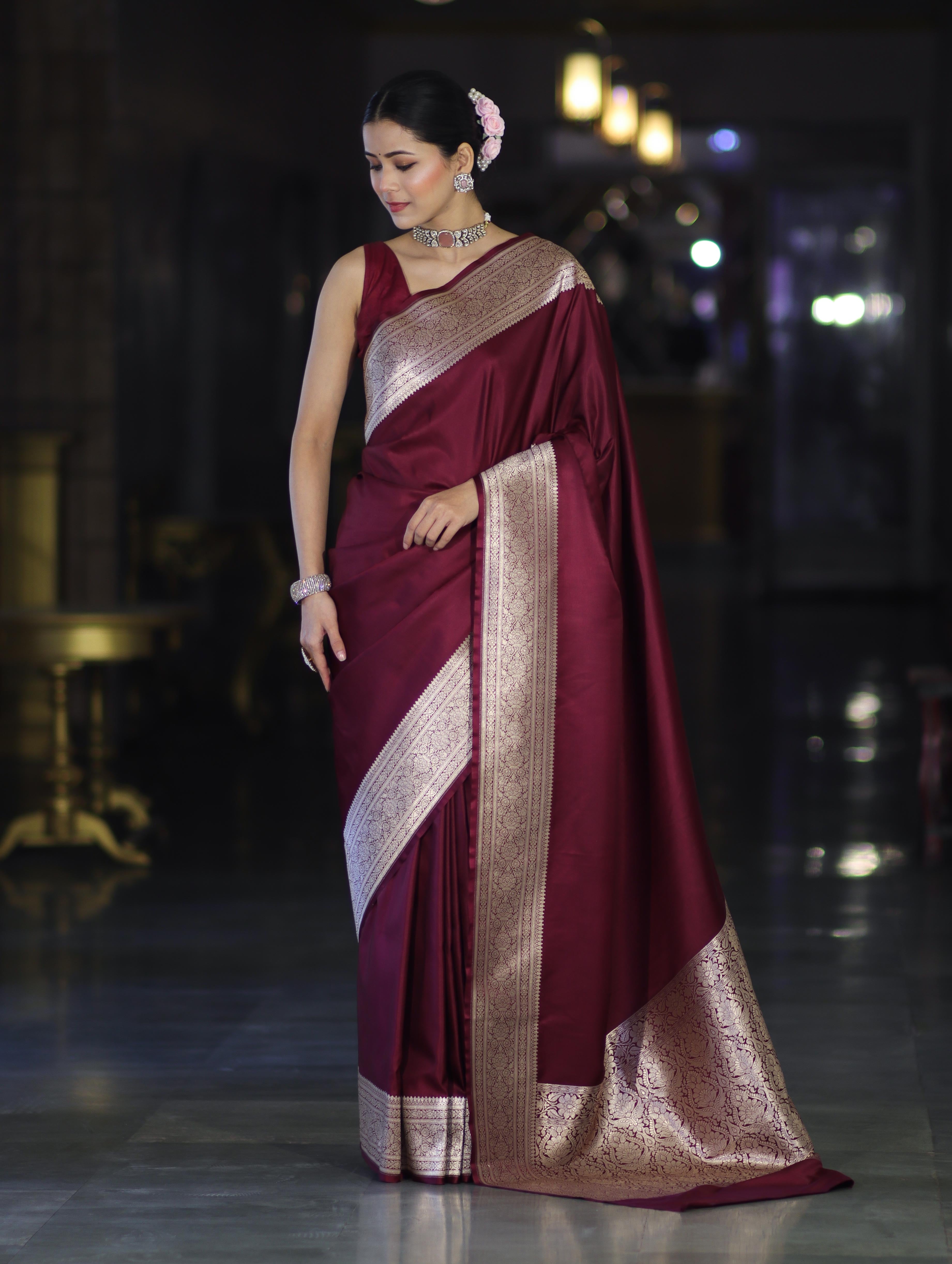 Banarasee Handwoven Plain Semi Katan Saree With Broad Zari Border-Deep Maroon